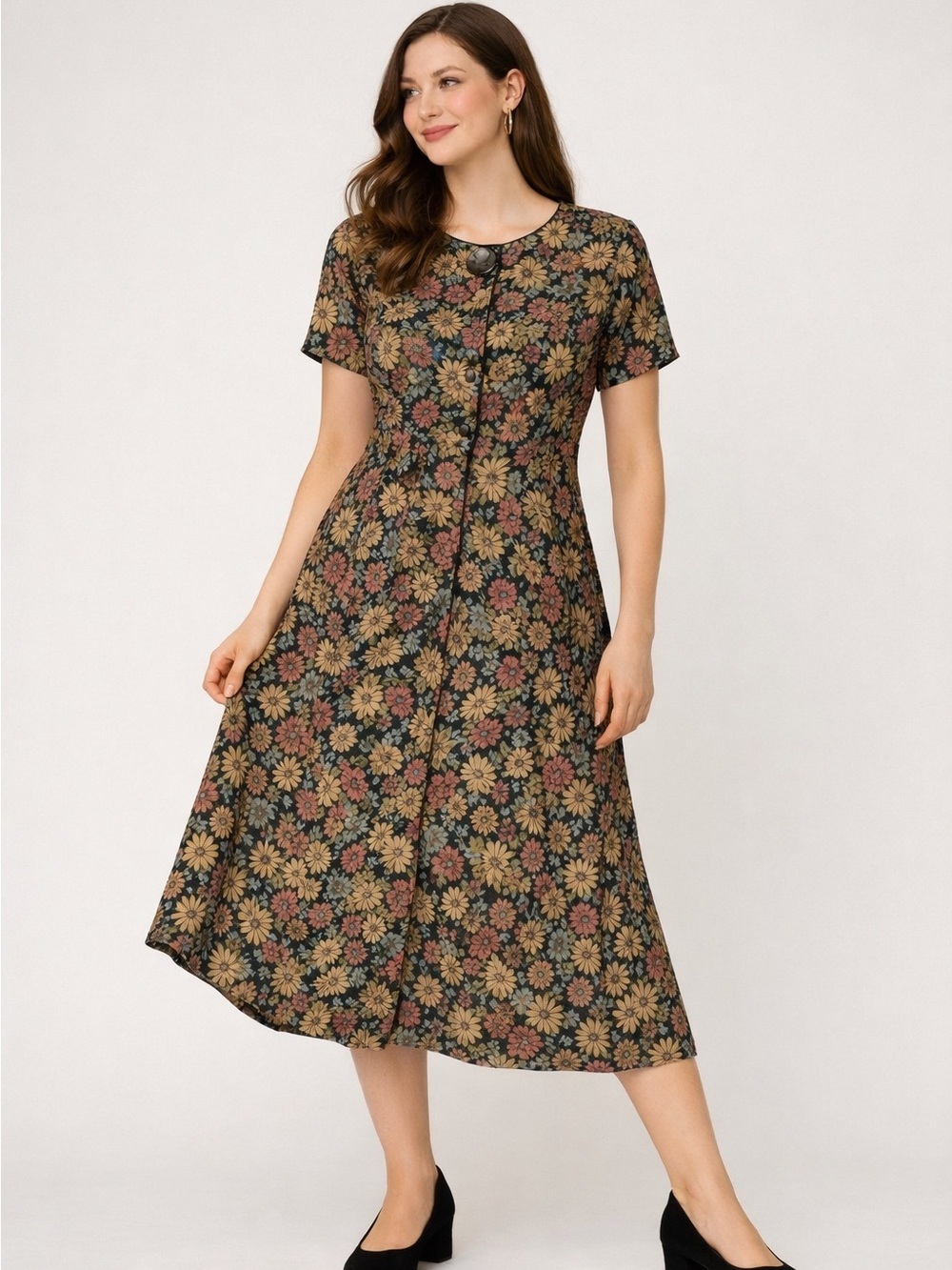 Vintage E.D. Michaels Petites 80s Floral Button‑Front Dress